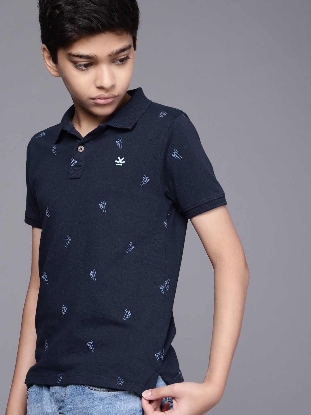 

WROGN YOUTH Boys Navy Blue Printed Polo Collar Pure Cotton Slim Fit T-shirt