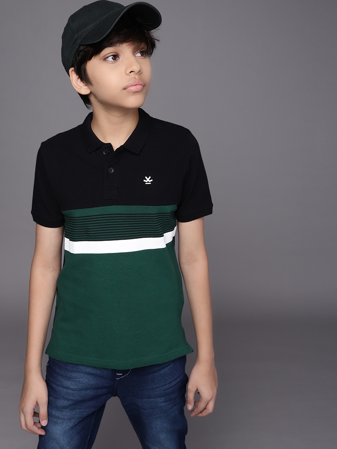 

WROGN YOUTH Boys Green & Black Colourblocked Pure Cotton T-shirt