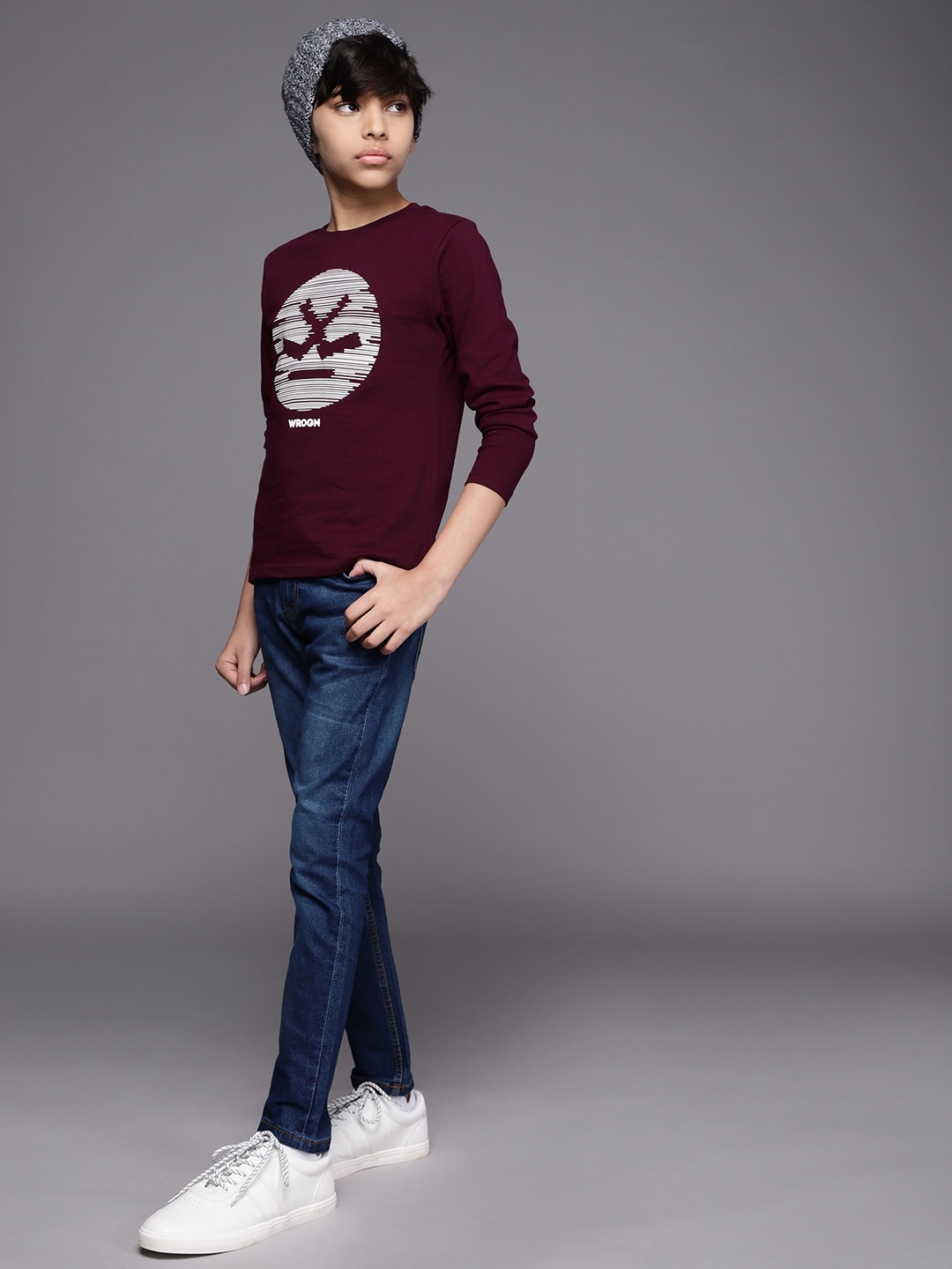 

WROGN YOUTH Boys Burgundy & White Brand Logo Printed Pure Cotton T-shirt