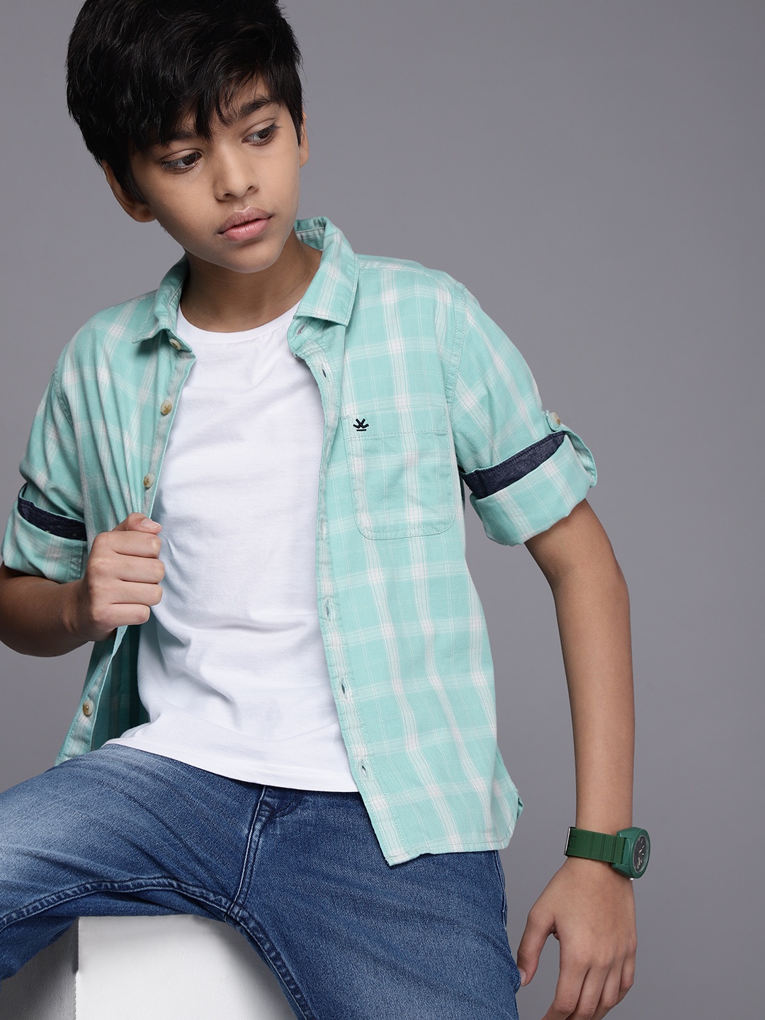 

WROGN YOUTH Boys Green Slim Fit Checked Pure Cotton Casual Shirt