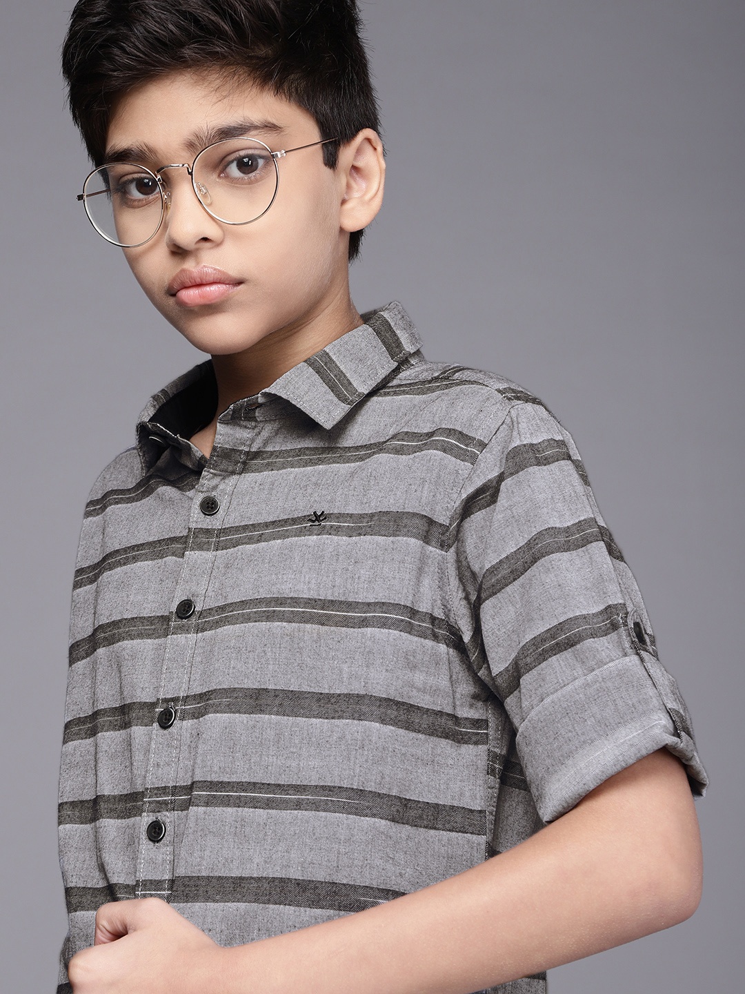 

WROGN YOUTH Boys Grey Striped Pure Cotton Casual Shirt