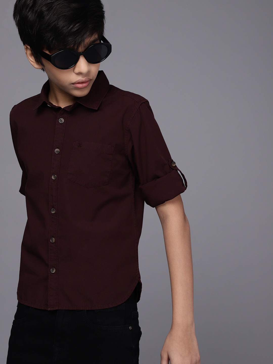 

WROGN YOUTH Boys Burgundy Solid Pure Cotton Casual Shirt