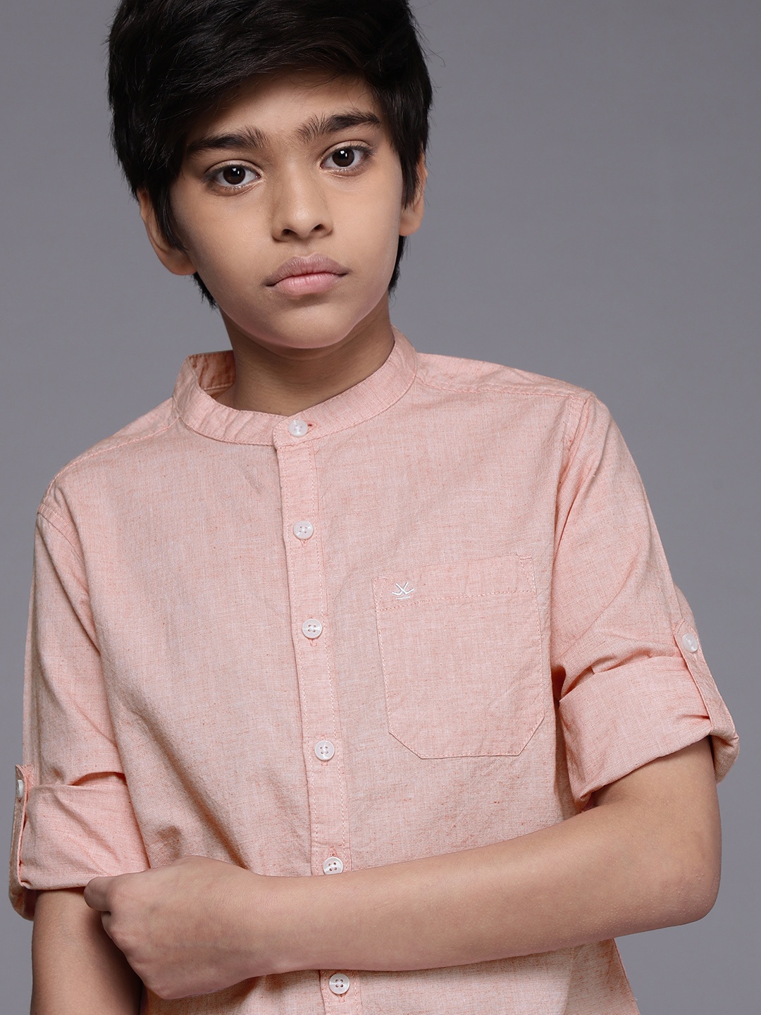 

WROGN YOUTH Boys Peach-Coloured Solid Slim Fit Pure Cotton Casual Shirt
