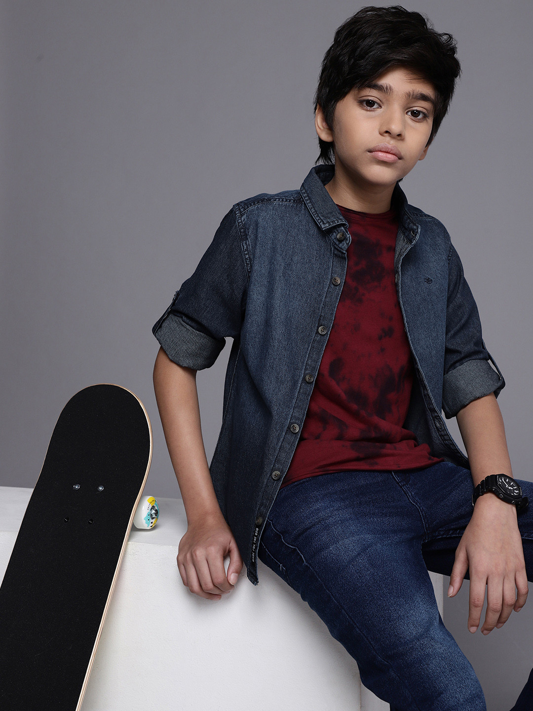 

WROGN YOUTH Boys Blue Slim Fit Faded Opaque Pure Cotton Casual Denim Shirt