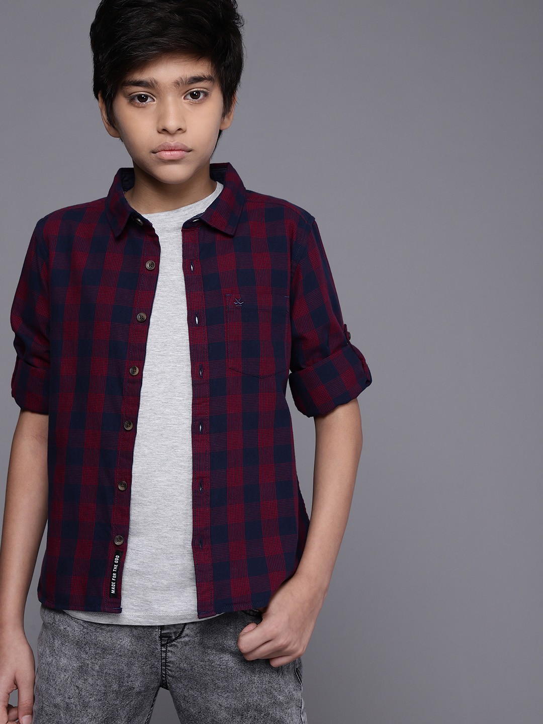 

WROGN YOUTH Boys Navy Blue & Maroon Slim Fit Checked Pure Cotton Casual Shirt