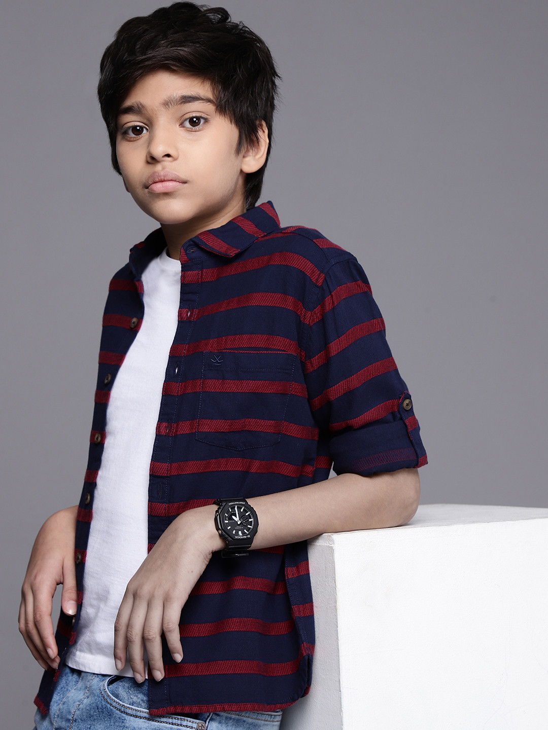 

WROGN YOUTH Boys Navy Blue & Maroon Slim Fit Striped Pure Cotton Casual Shirt