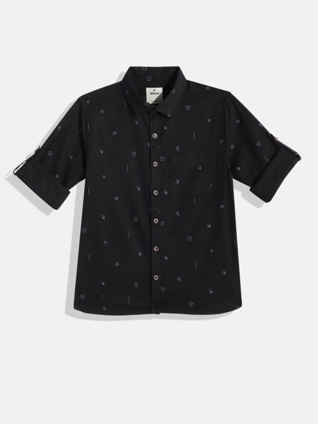 

WROGN YOUTH Boys Slim Fit Geometric Opaque Printed Pure Cotton Casual Shirt, Black
