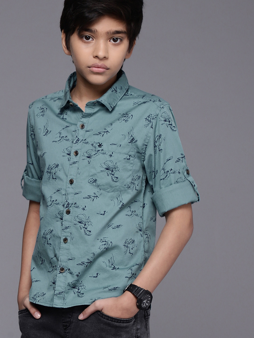 

WROGN YOUTH Boys Teal Blue Slim Fit Printed Pure Cotton Casual Shirt