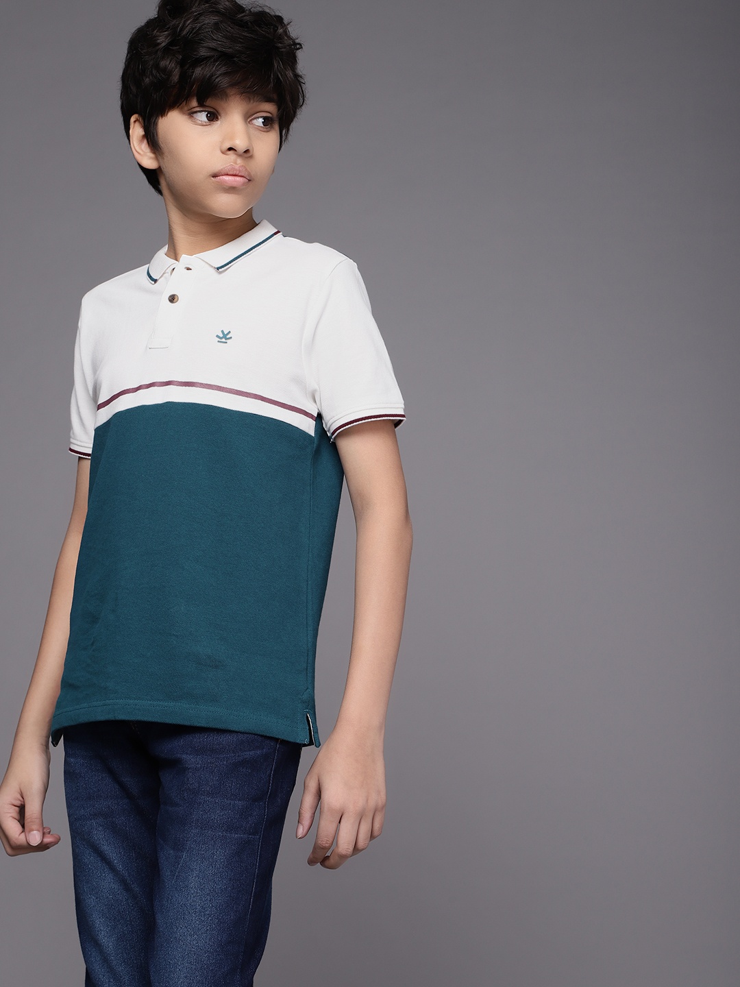 

WROGN YOUTH Boys Teal Blue & White Colourblocked Polo Collar Pure Cotton Slim Fit T-shirt