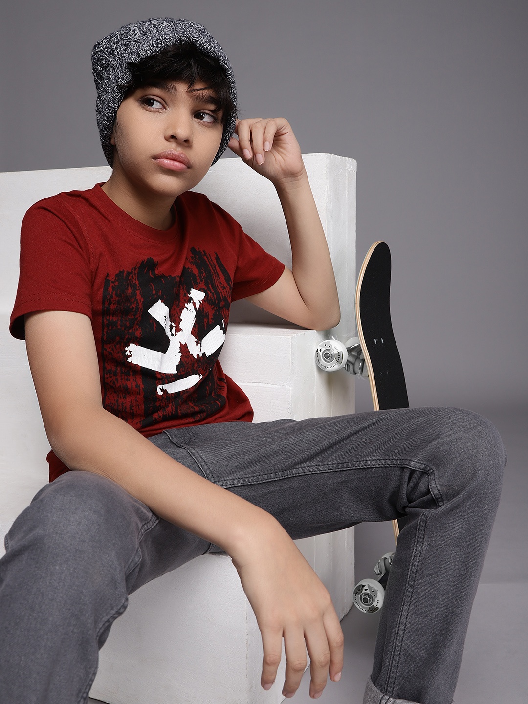 WROGN YOUTH Boys Maroon Brand Logo Print Pure Cotton Slim Fit T-shirt