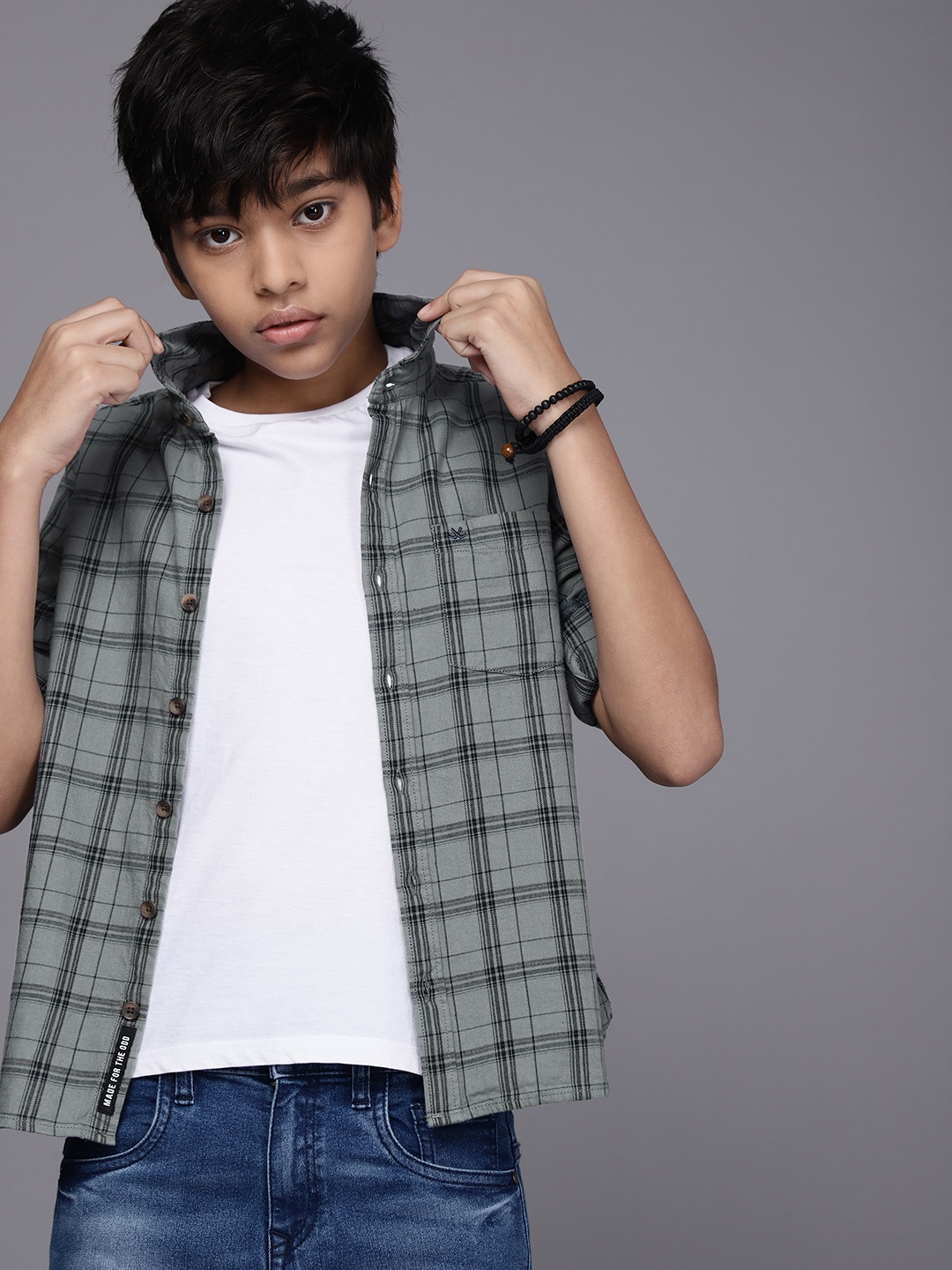 

WROGN YOUTH Boys Grey Tartan Checked Pure Cotton Casual Shirt