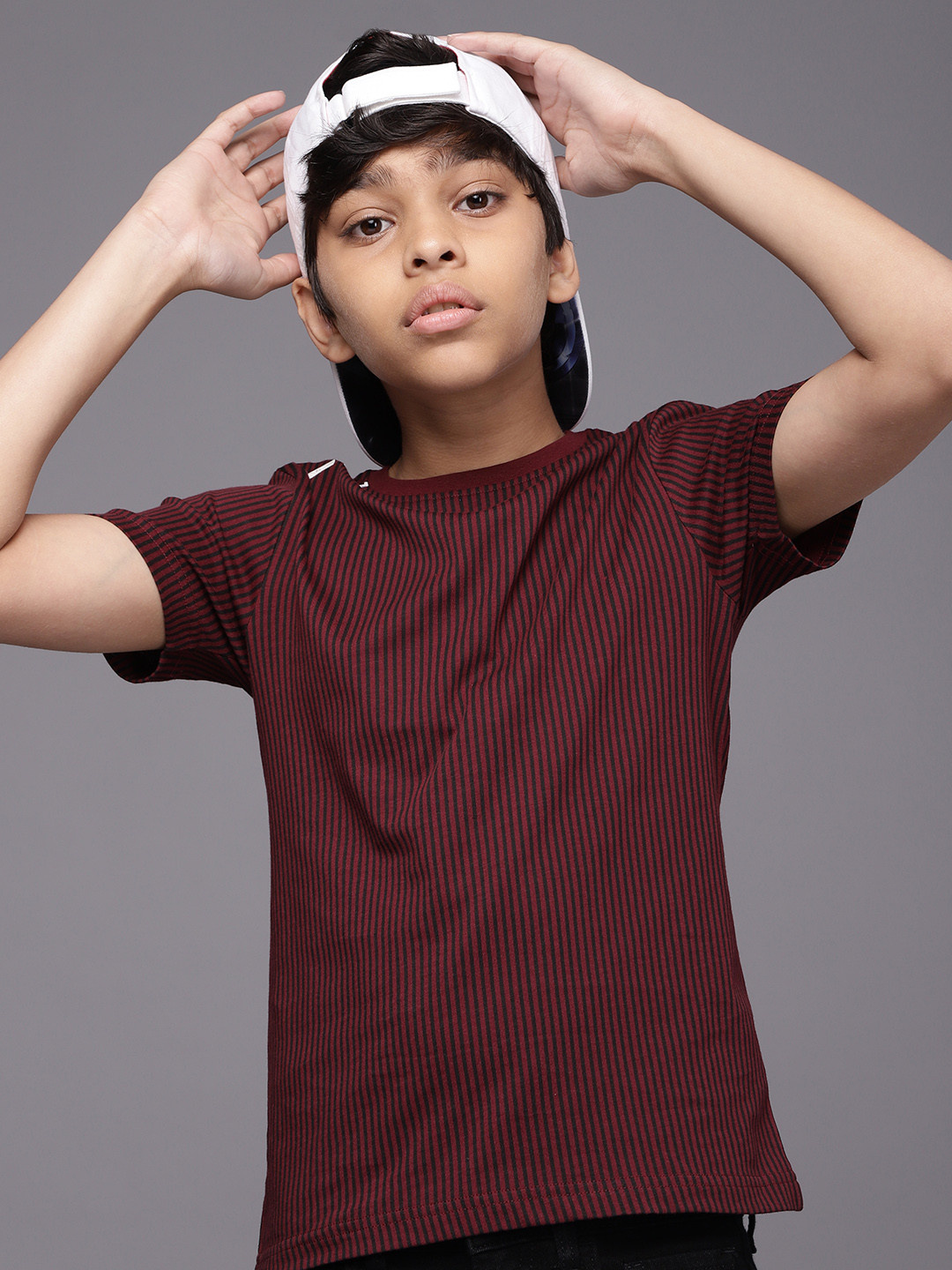 

WROGN YOUTH Boys Maroon Striped Pure Cotton Slim Fit T-shirt