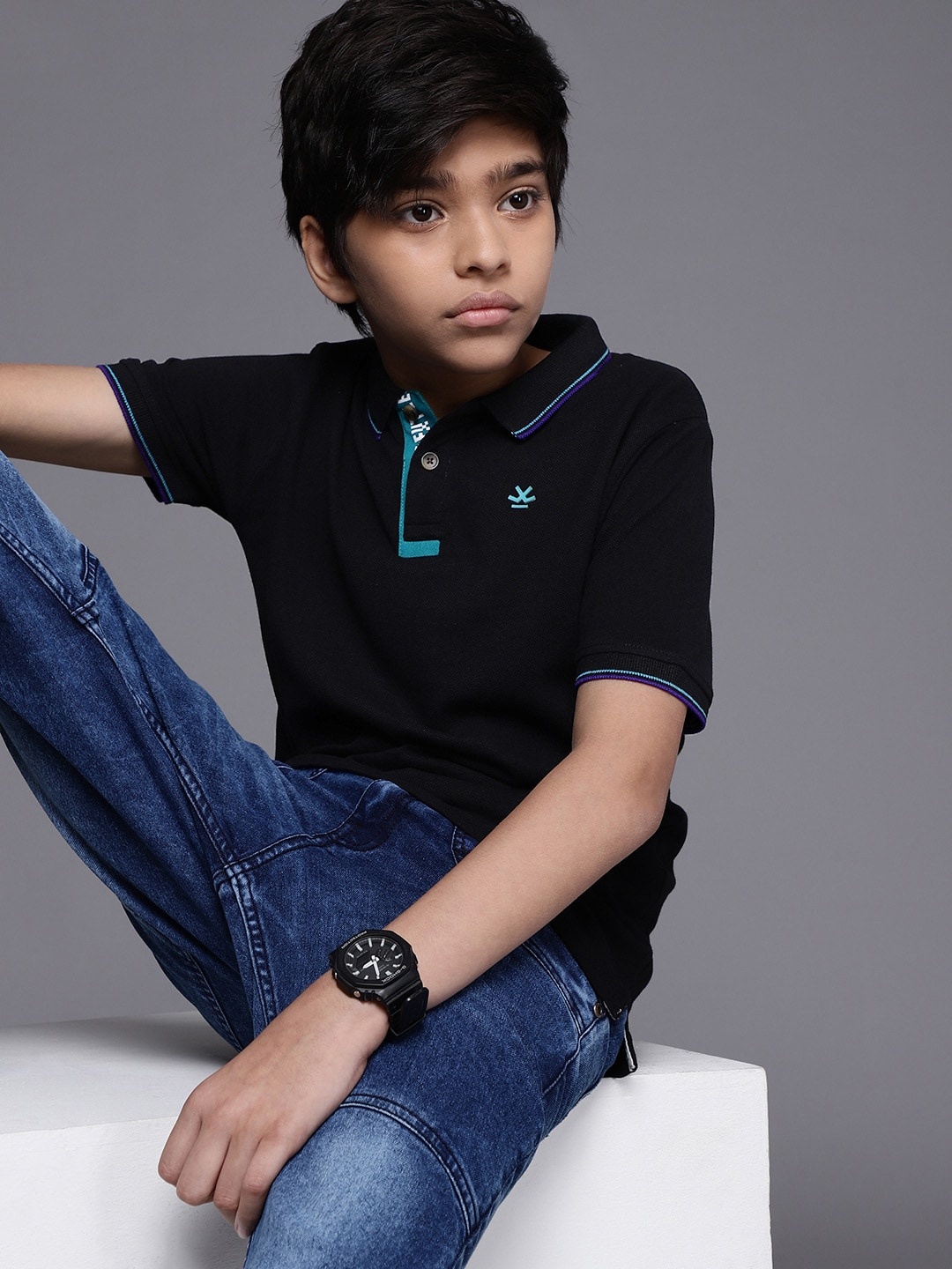 

WROGN YOUTH Boys Black Polo Collar Pure Cotton Slim Fit T-shirt