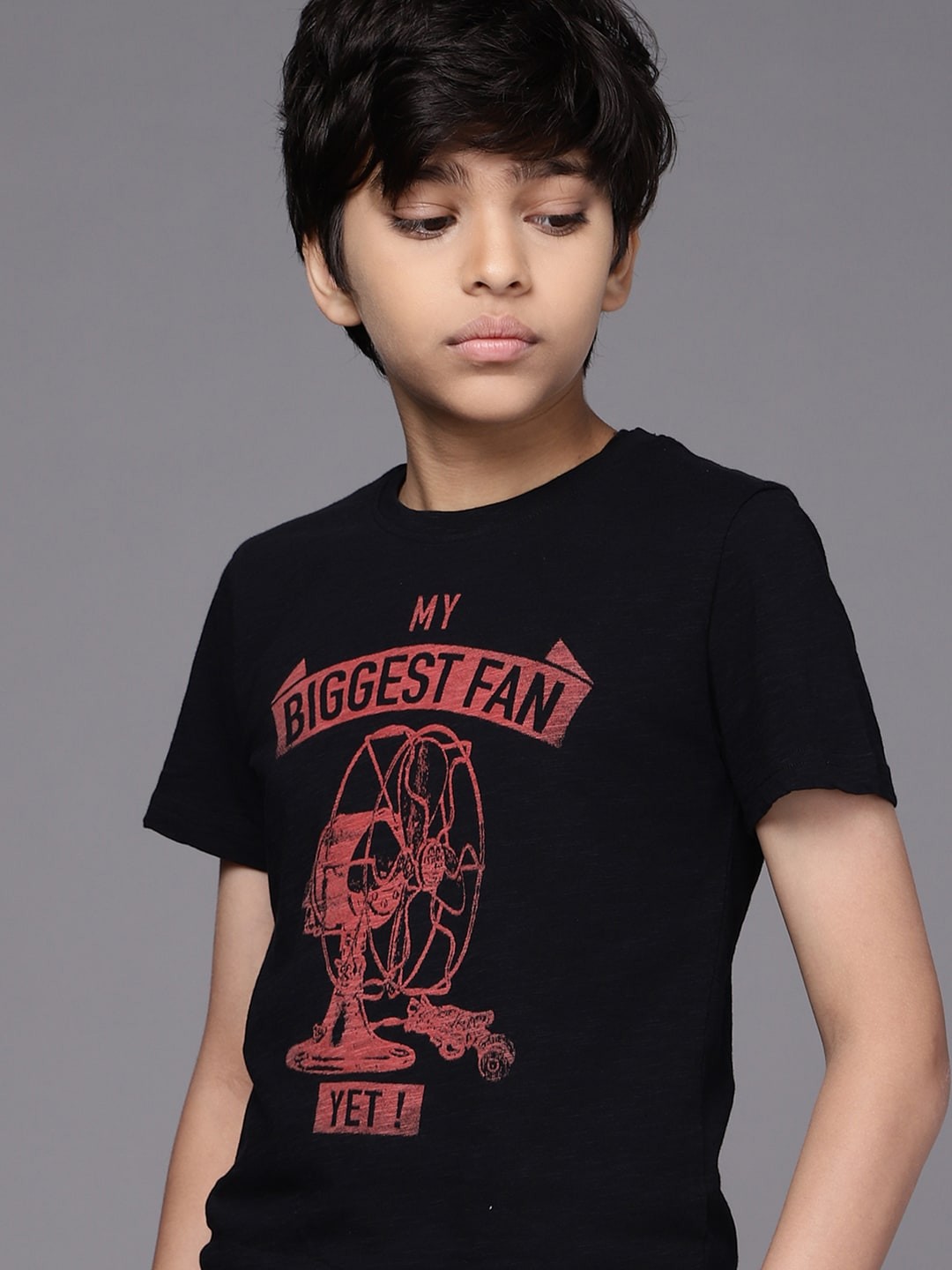 WROGN YOUTH Boys Black & Red Typography Print Pure Cotton Slim Fit T-shirt