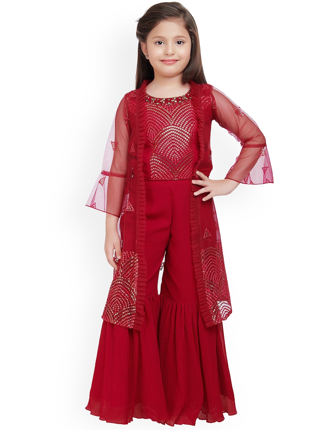 

BETTY Girls Embellished Top with Sharara With Jacket, Fuchsia