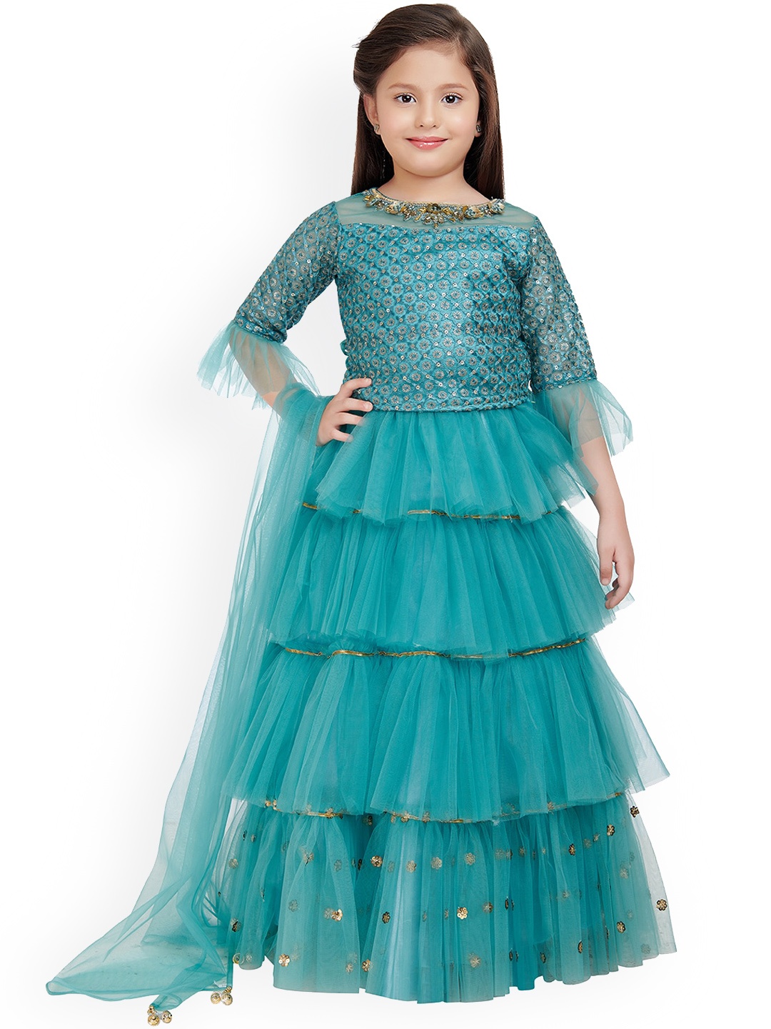 

BETTY Girls Blue Embellished Sequinned Ready to Wear Lehenga & Blouse With Dupatta