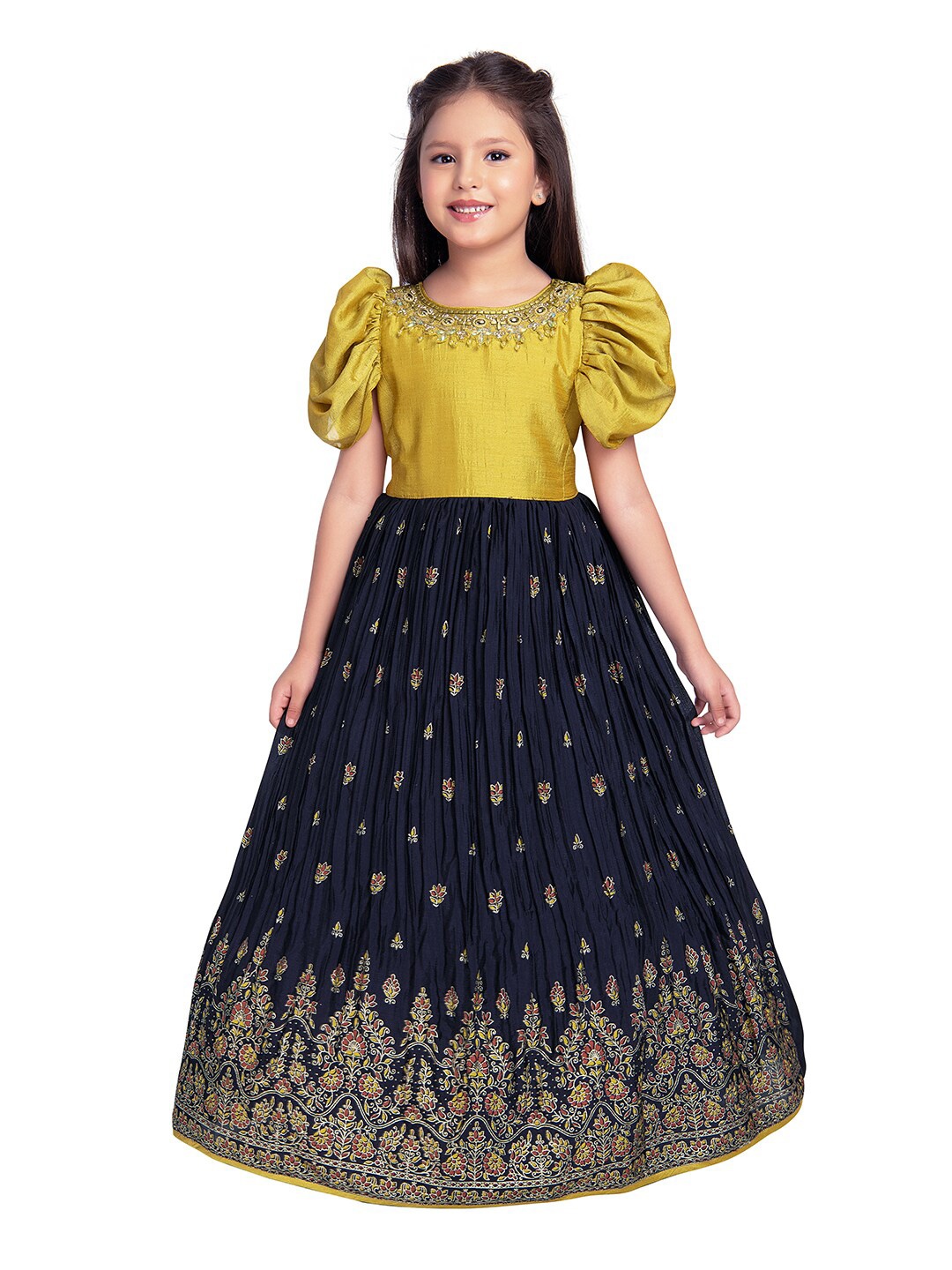 

BETTY Yellow & Navy Blue Floral Embroidered Satin Ethnic Maxi Dress