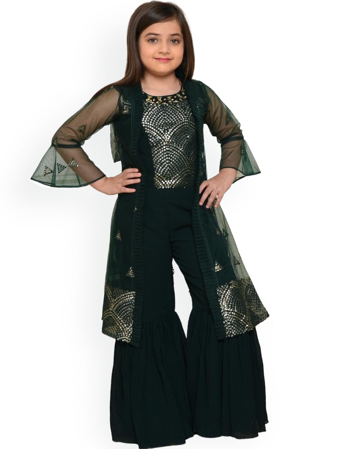 

BETTY Girls Embellished Sharara Set and Jacket, Green