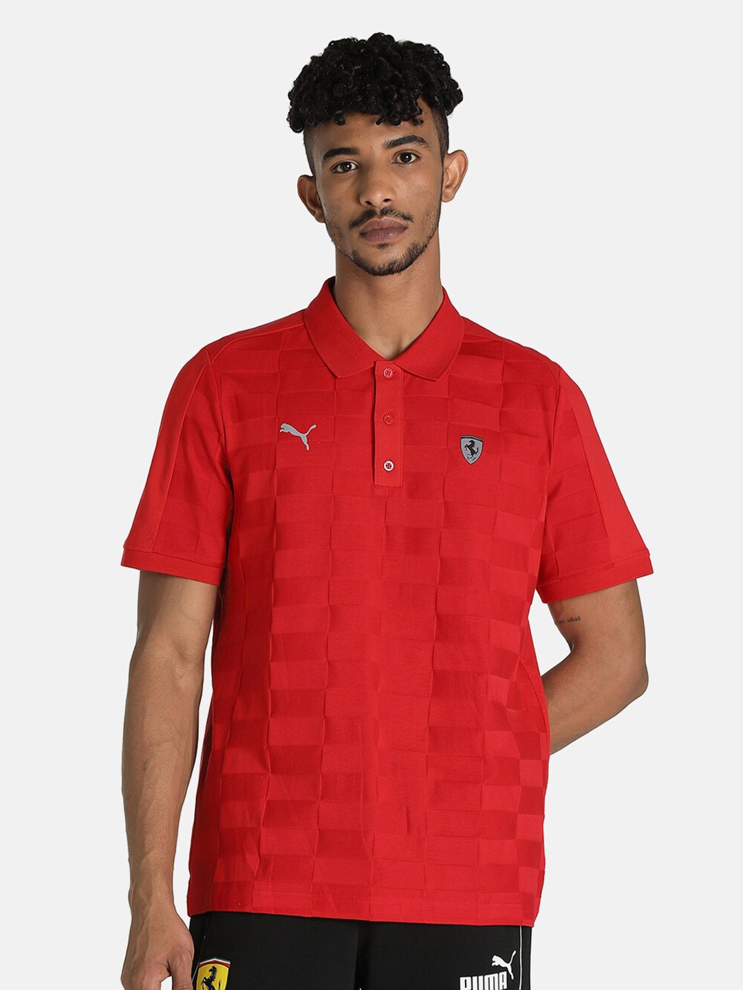 

PUMA Motorsport Men Red Ferrari Jacquard Style Polo Collar Slim Fit Motorsports T-shirt