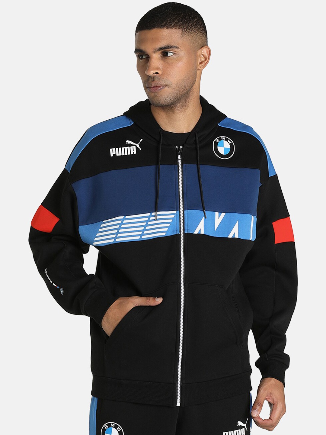 

PUMA Motorsport Men Regular Fit Striped Outdoor Motorsport Jacket with Patchwork, Black