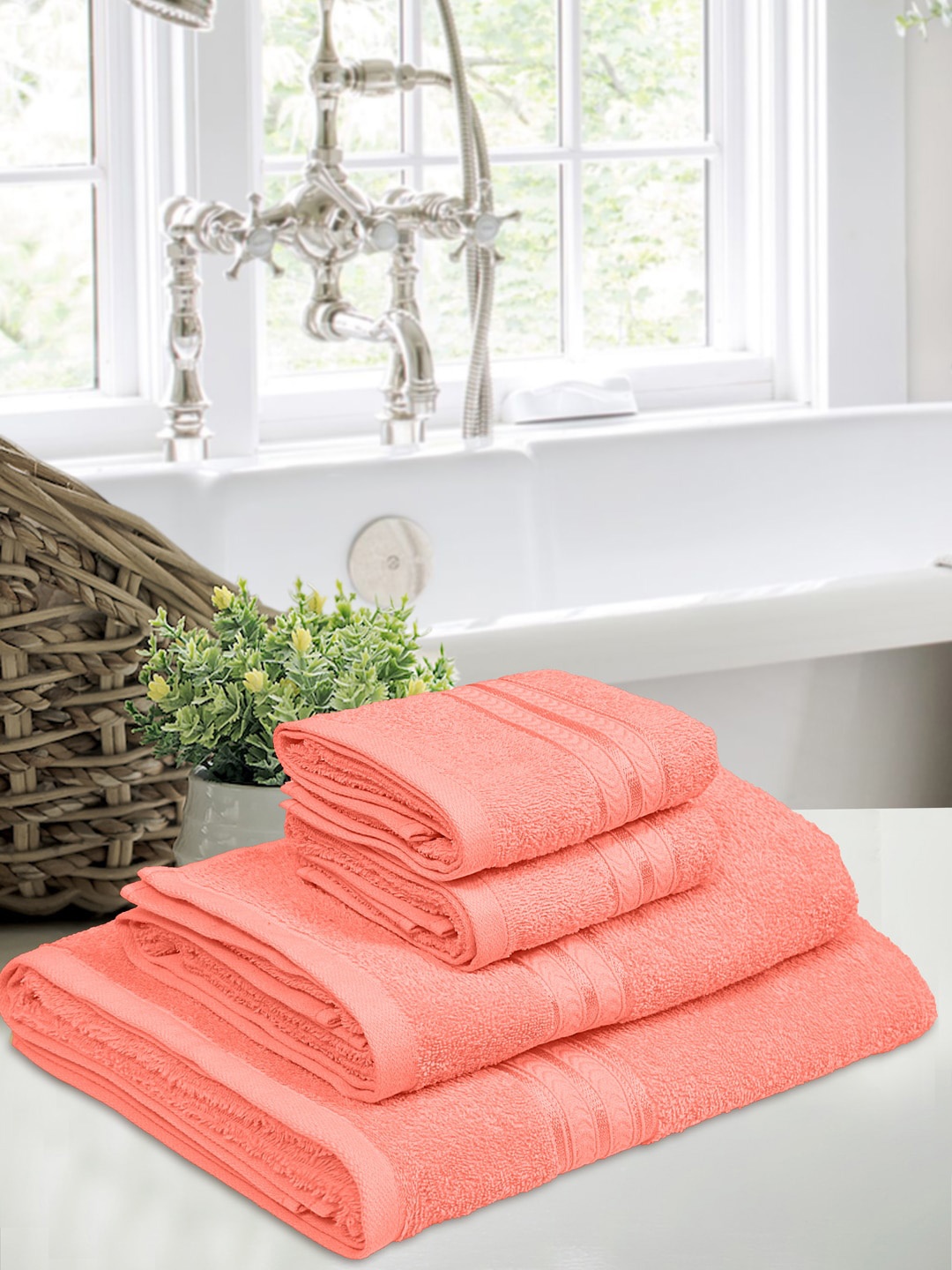 

Home Fresh Peach-Coloured Solid 400GSM 4 Pcs Cotton Towel Set