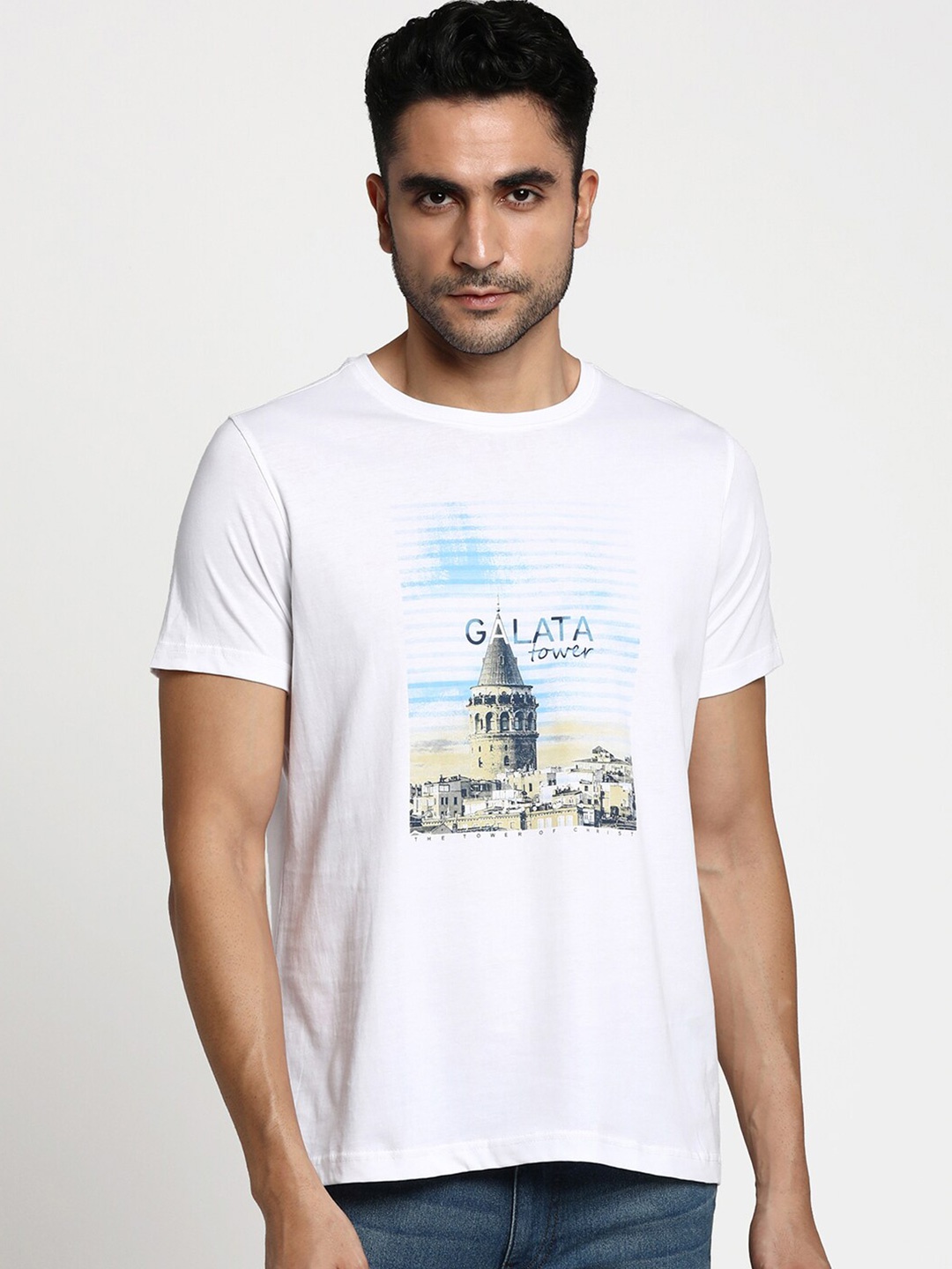 

Turtle Men White Printed Pure Cotton Raw Edge Slim Fit T-shirt