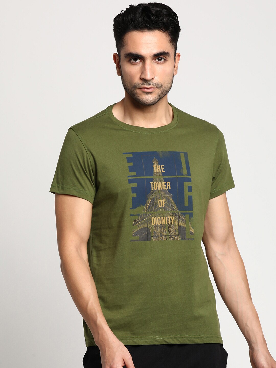 

Turtle Men Olive Green Printed Pure Cotton Slim Fit T-shirt