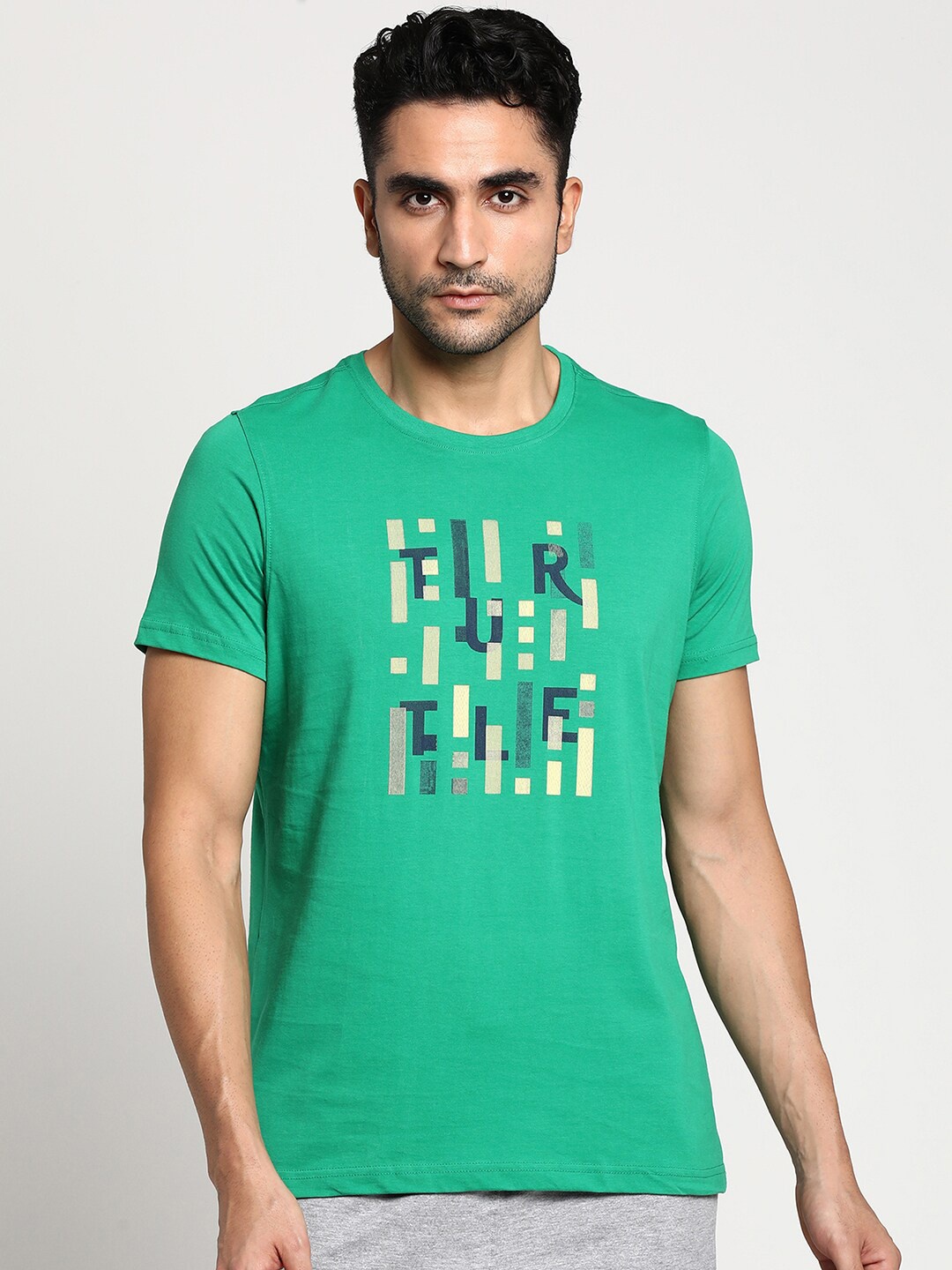 

Turtle Men Sea Green Typography Printed Pure Cotton Applique Slim Fit T-shirt