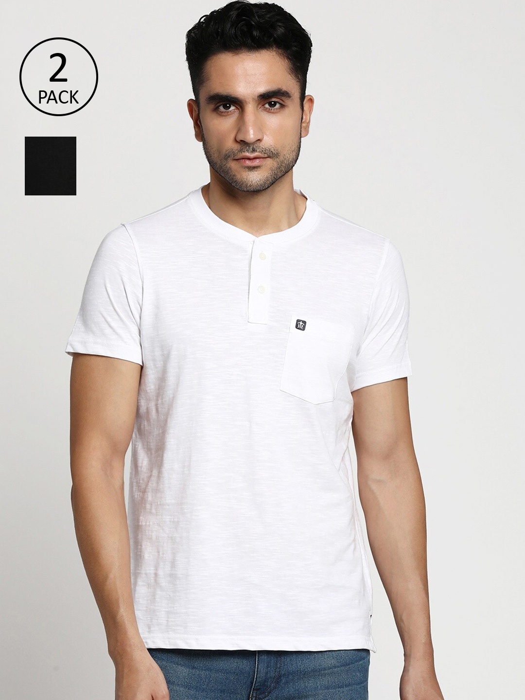 

Turtle Men Multicoloured 2 Henley Neck Pure Cotton Slim Fit T-shirt, Multi