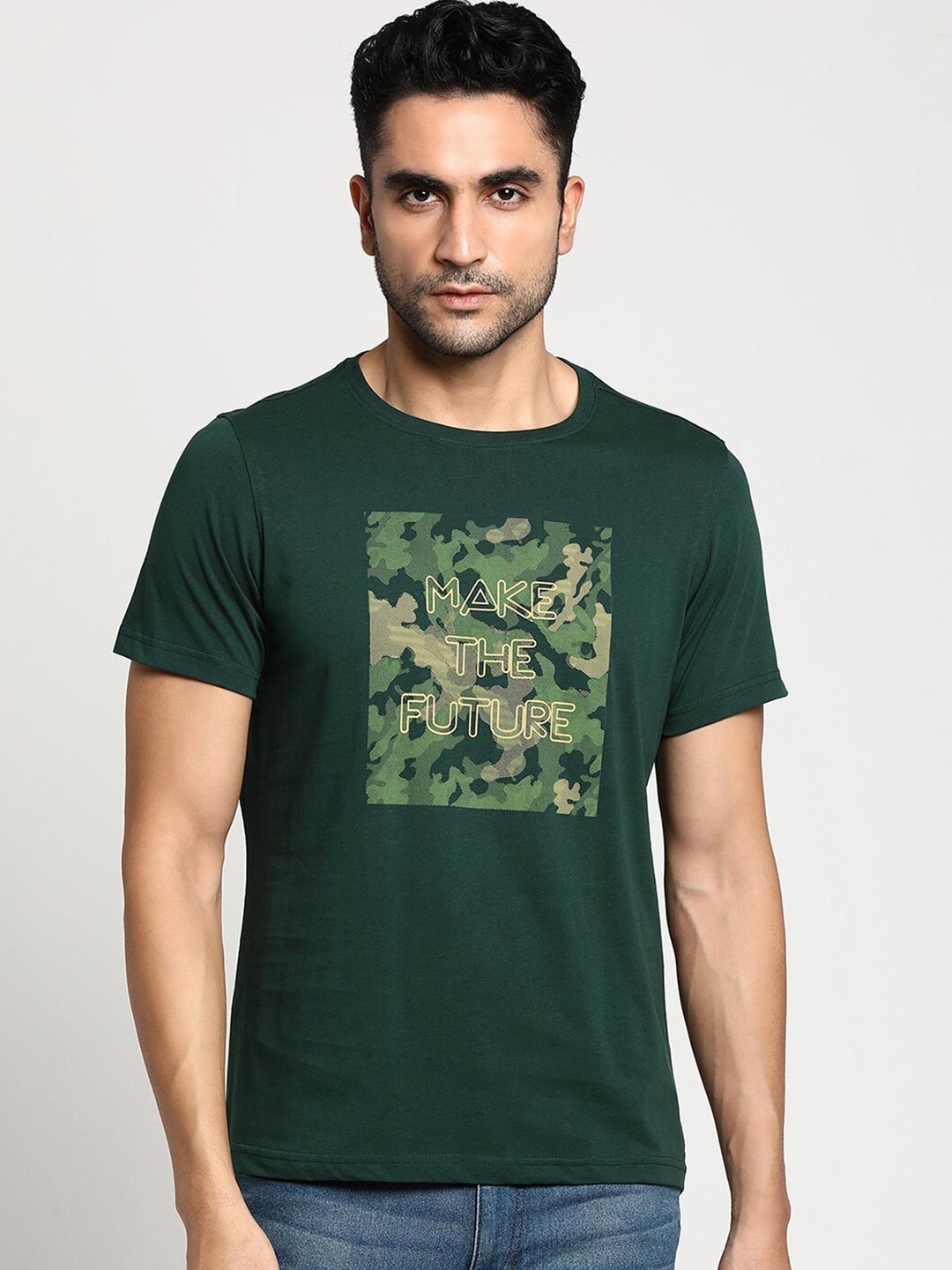 

Turtle Men Teal Typography Printed Pure Cotton Raw Edge Slim Fit T-shirt