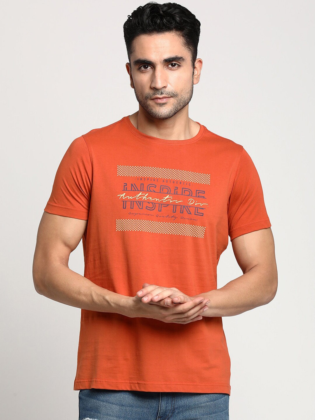 

Turtle Men Orange Typography Printed Pure Cotton Applique Slim Fit T-shirt