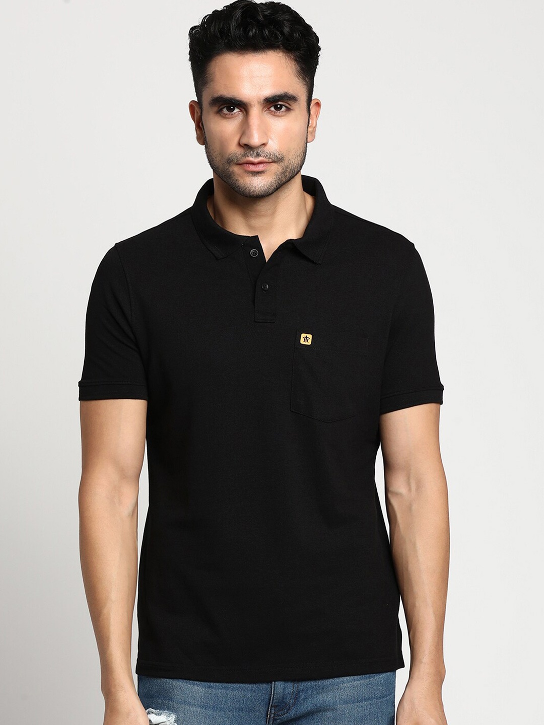 

Turtle Men Black Polo Collar Slim Fit T-shirt