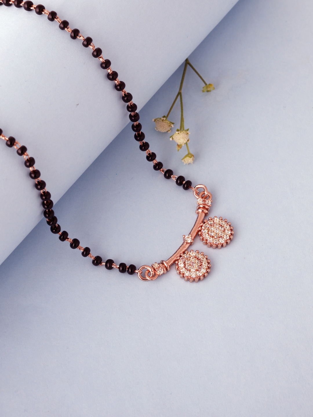 

GIVA 925 Sterling Silver Rose Gold-Plated Black Beaded Mangalsutra