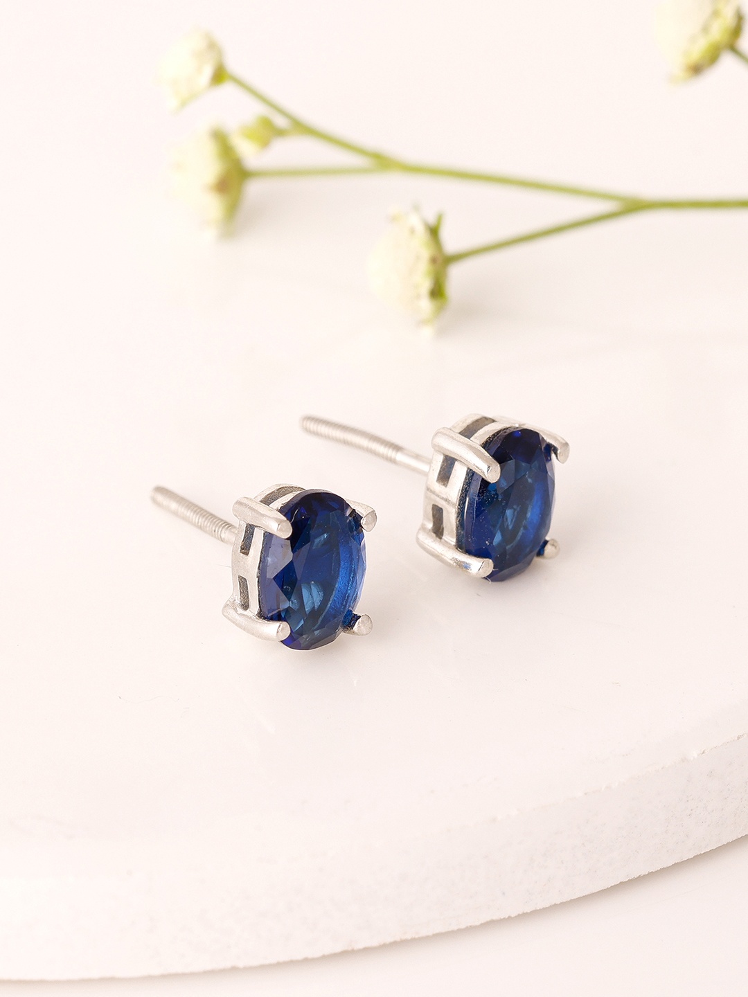 

GIVA Silver-Toned & Blue 925 Sterling Silver Rhodium-Plated Contemporary Studs Earrings