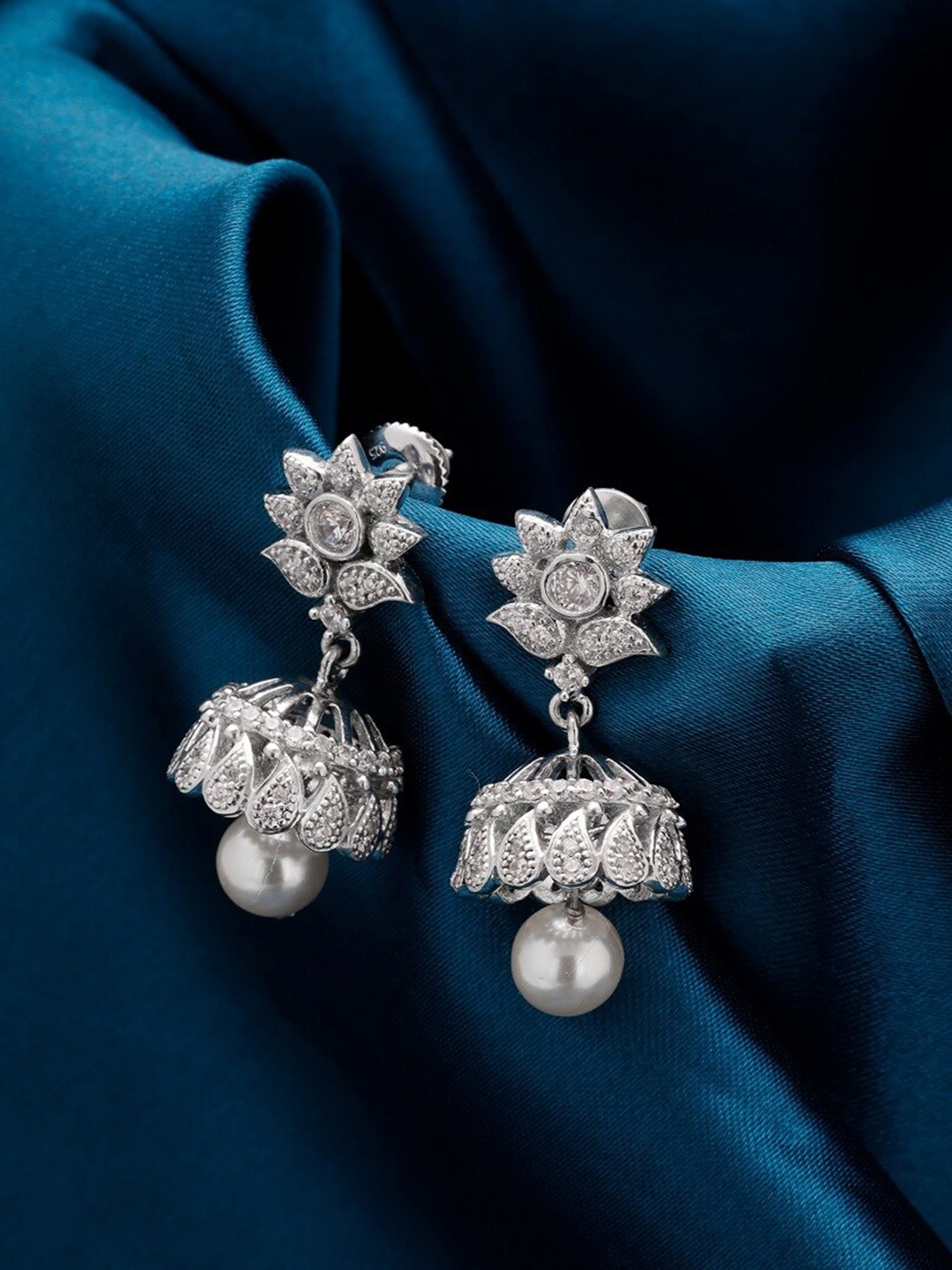 

GIVA Silver-Toned & White Rhodium-Plated 925 Sterling Silver Floral CZ Studded Jhumkas