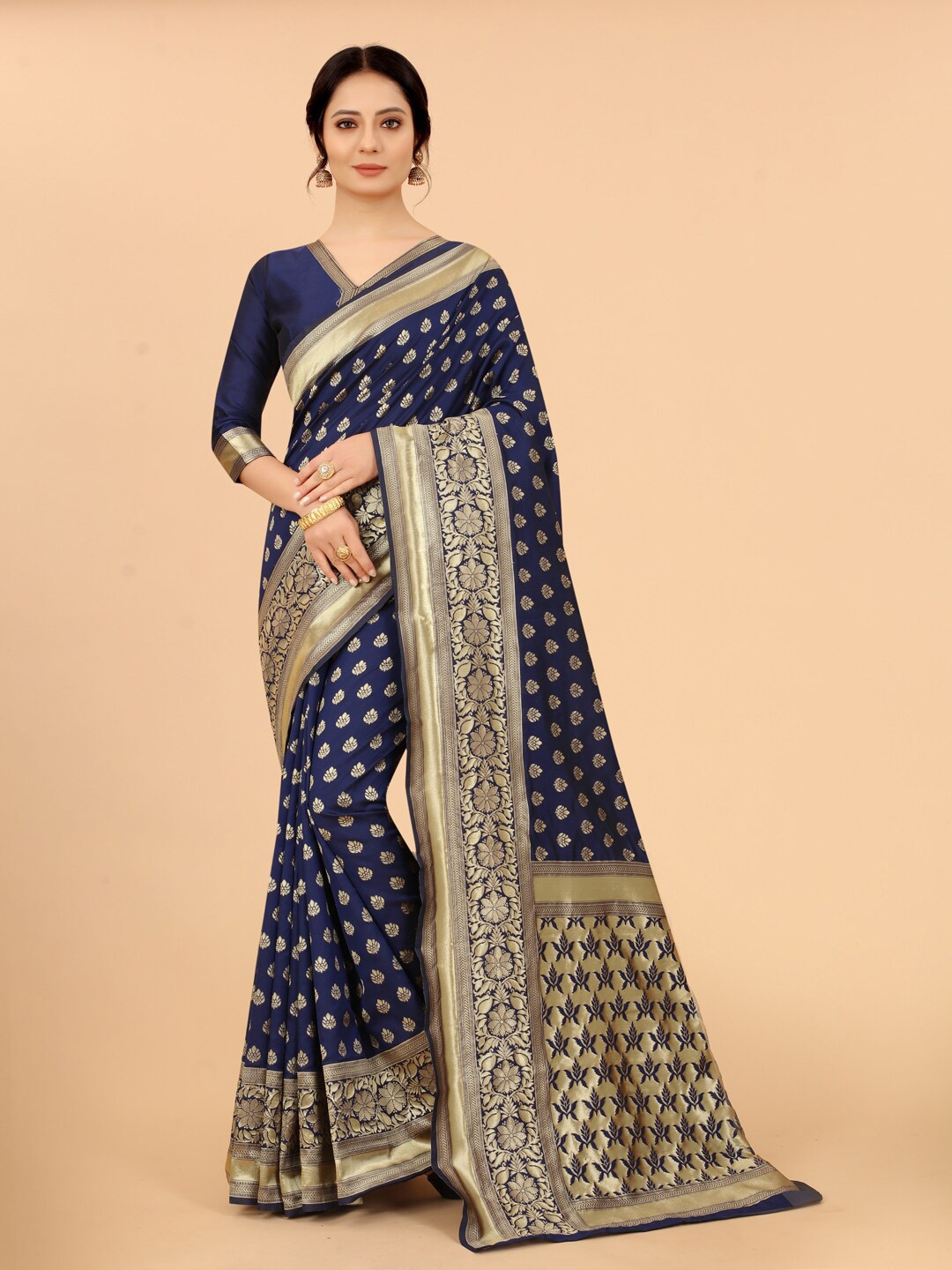 

WELL WORN Navy Blue & Gold-Toned Woven Design Zari Silk Cotton Banarasi Saree