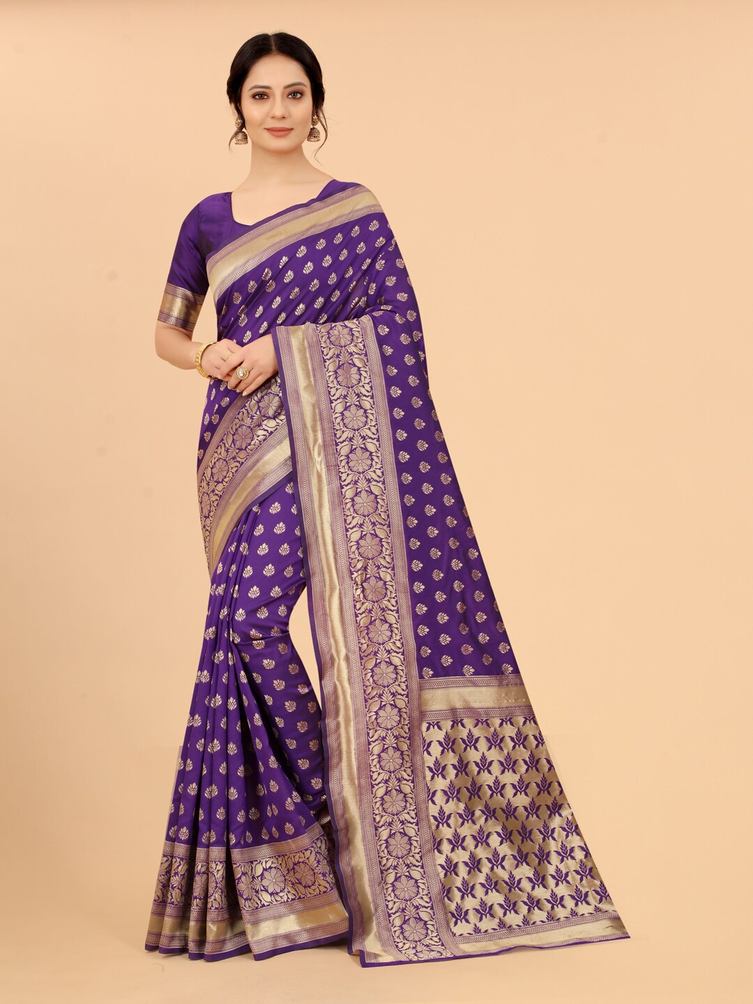 

WELL WORN Purple & Gold-Toned Ethnic Motifs Silk Cotton Zari Saree
