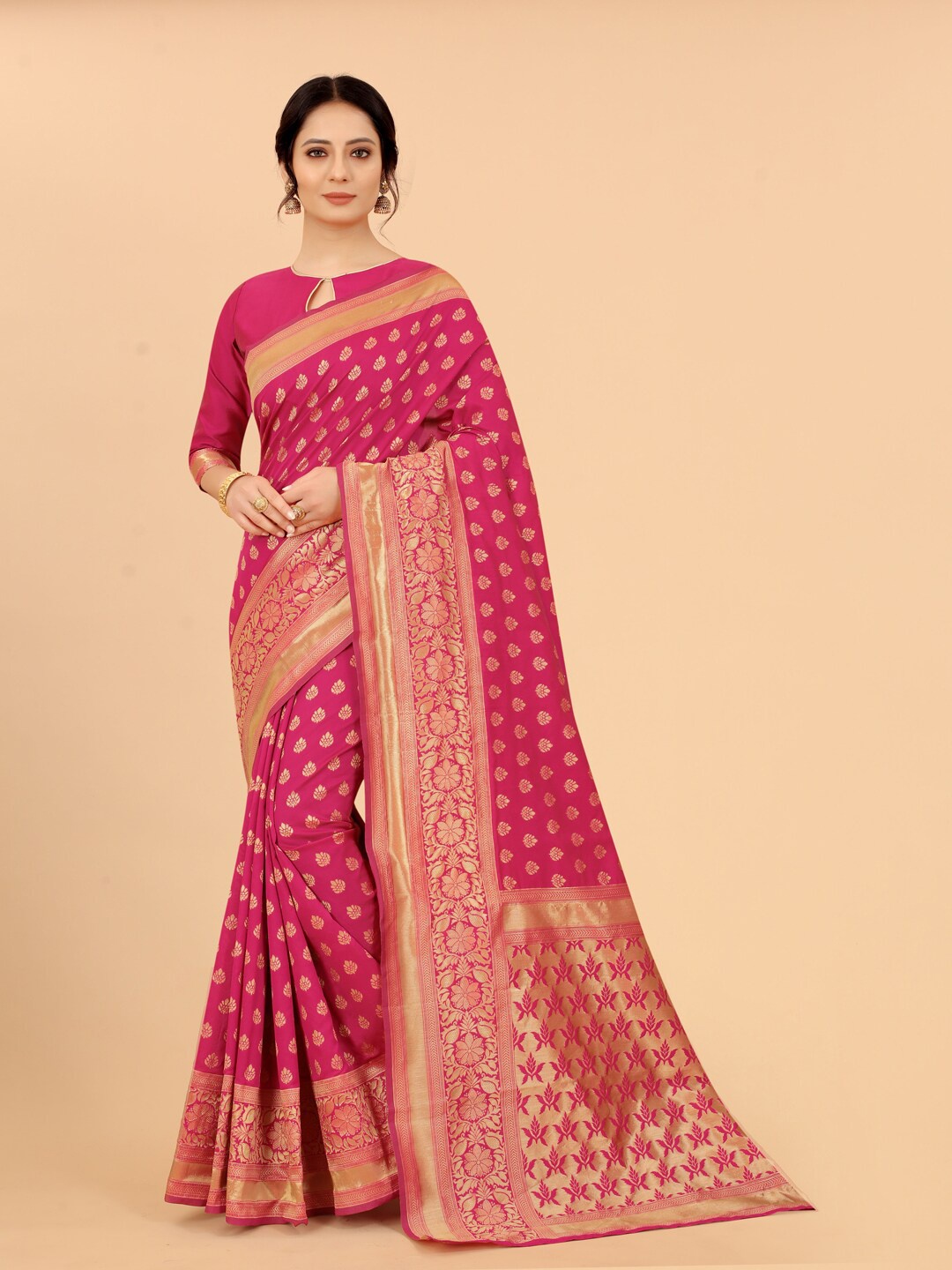 

WELL WORN Pink & Gold-Toned Woven Design Zari Silk Cotton Banarasi Saree