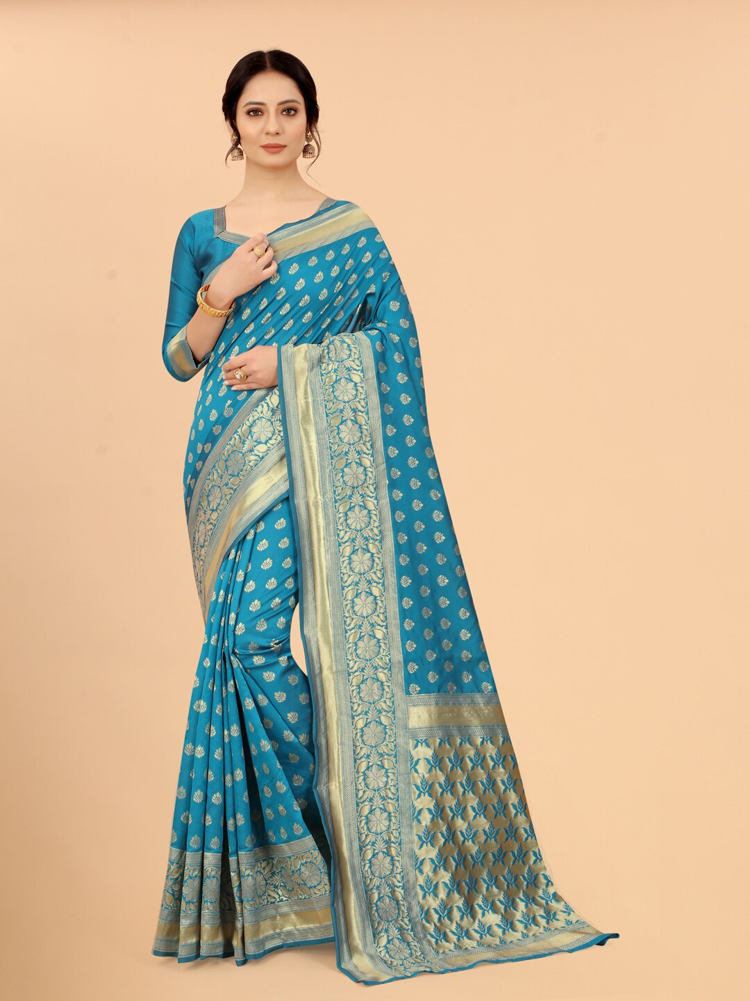 

WELL WORN Blue & Gold-Toned Woven Design Zari Silk Cotton Banarasi Saree