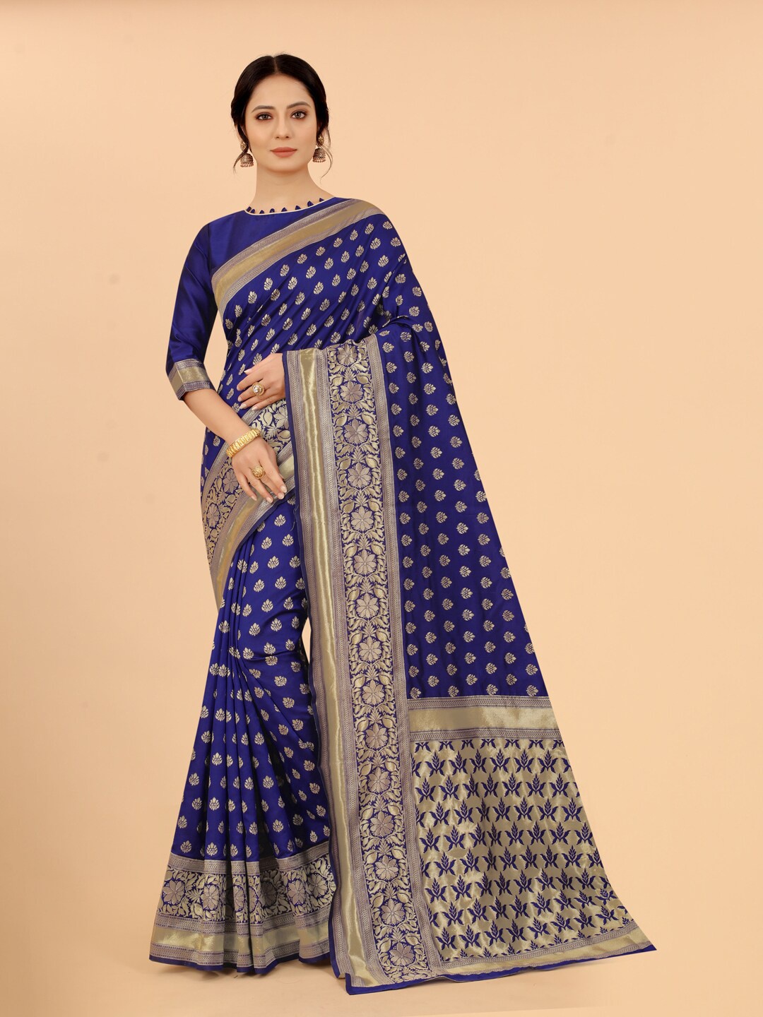 

WELL WORN Blue & Gold-Toned Woven Design Zari Silk Cotton Banarasi Saree