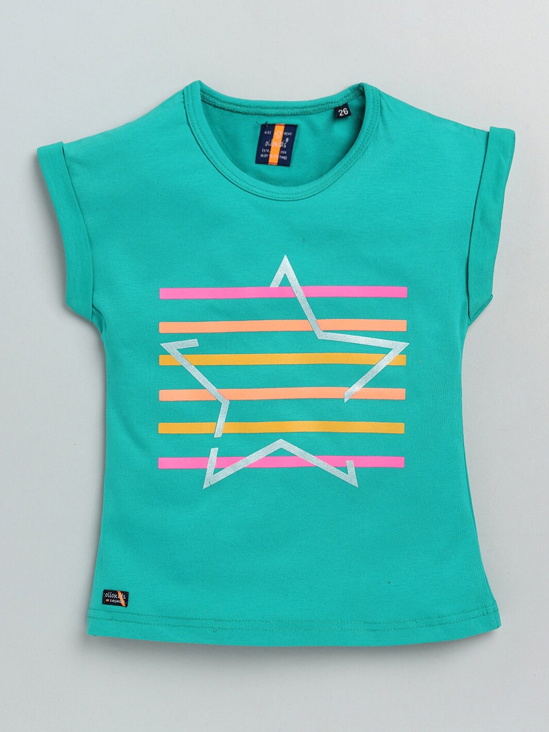 

Olio Kids Girls Green Striped Extended Sleeves Pure Cotton T-shirt
