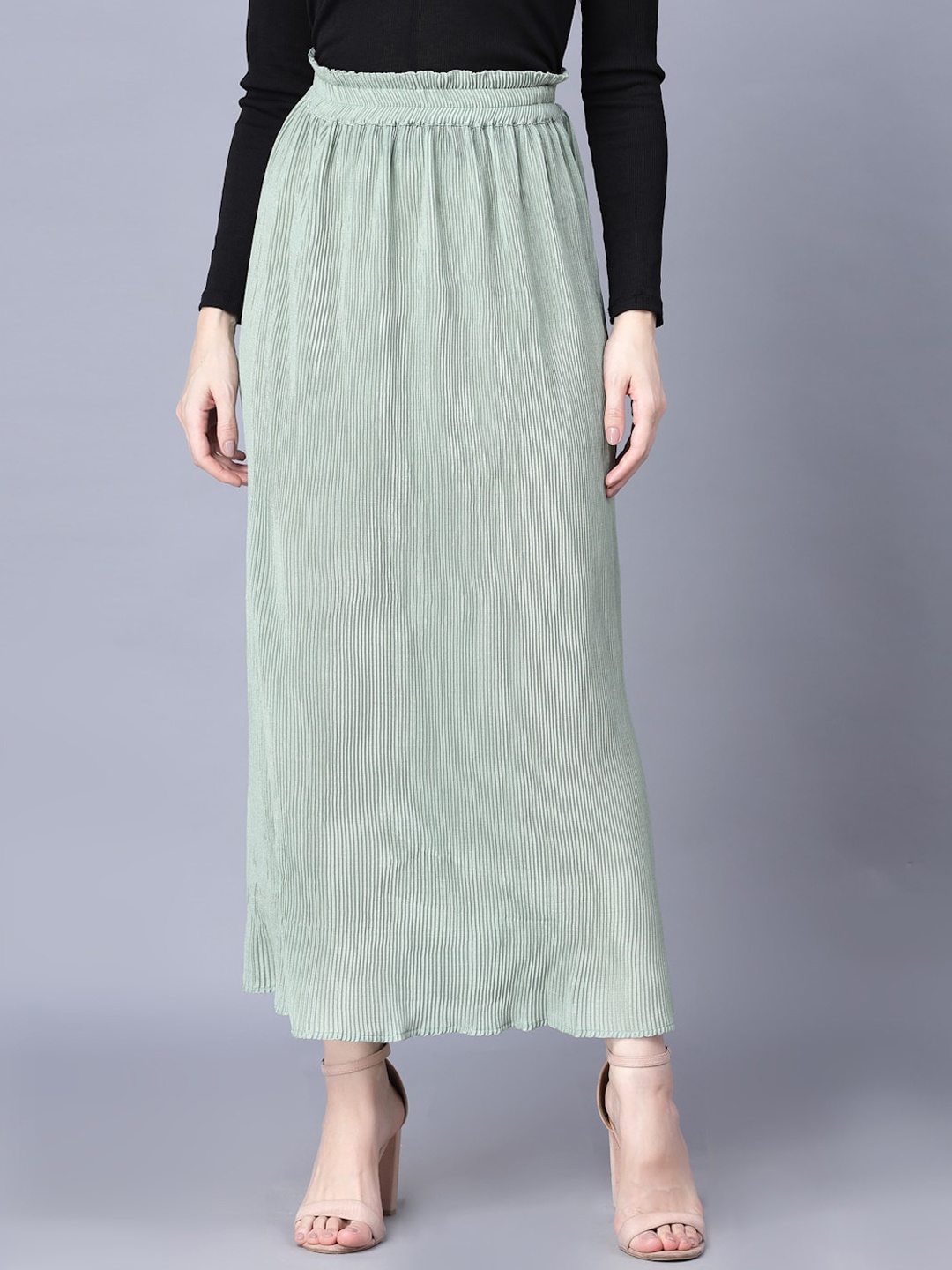 

Myshka Women Green Solid Maxi Chiffon Skirts