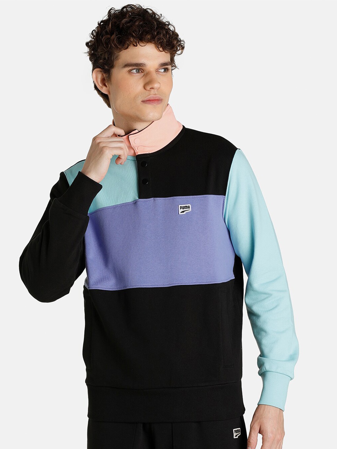 

Puma Men Black Downtown Mock Neck Colourblocked Pure Cotton Sweatshirt