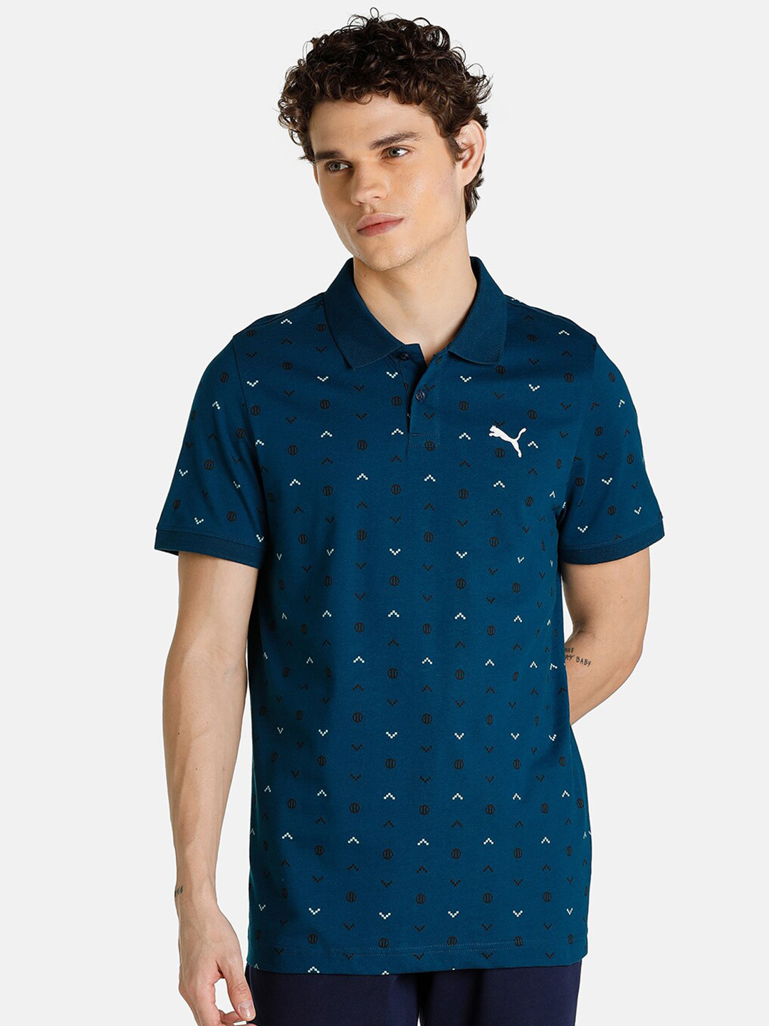 

Puma Men Blue PUMA AOP Slim Fit Polo T-shirt