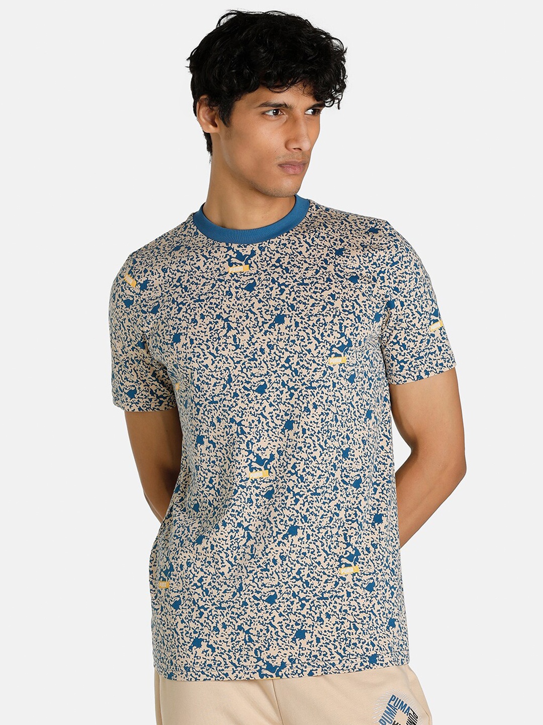 

Puma Men Blue & Cream-Colored Brand Love AOP Regular Fit T-Shirt