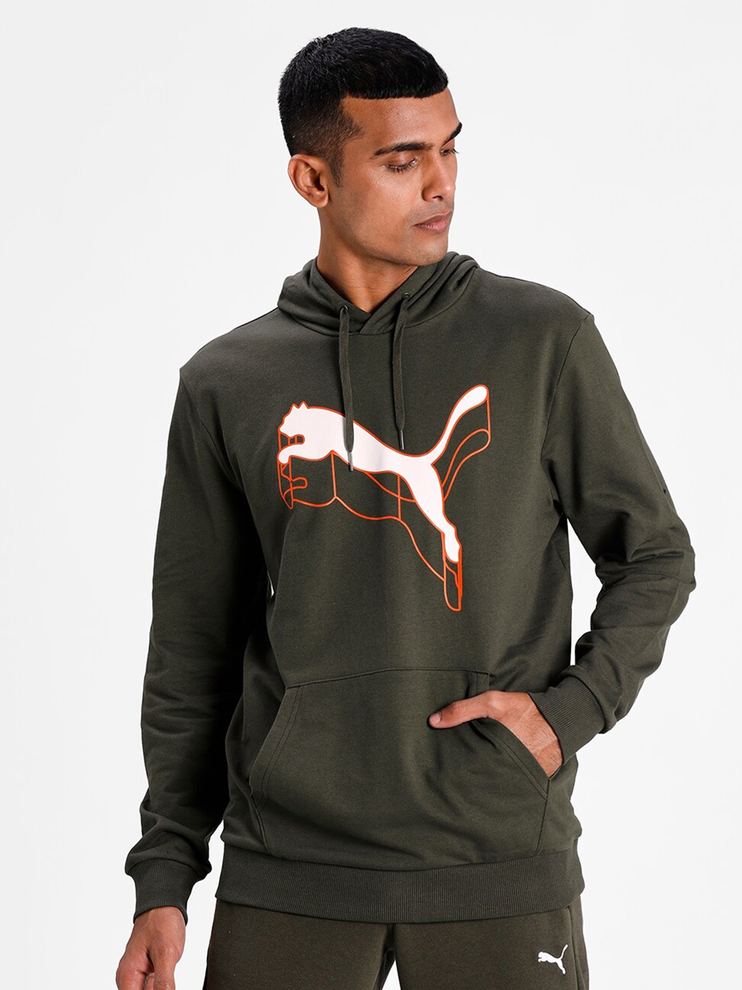 

Puma Men Olive Green M1 Printed Hooded Sweatshirt