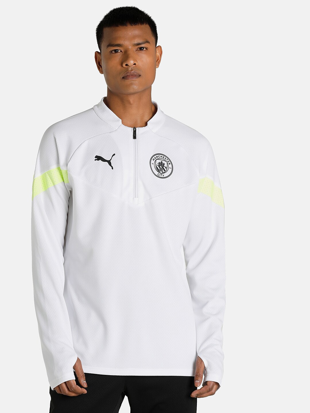 

Puma Men White & Yellow Manchester City FC 1 4 Zip Football T-shirt