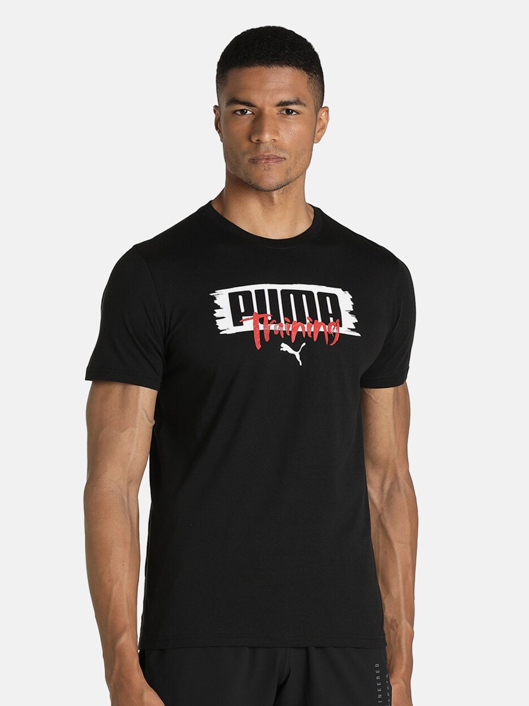 

Puma Men Black Graphic Printed Short Sleeve Training T-Shirt