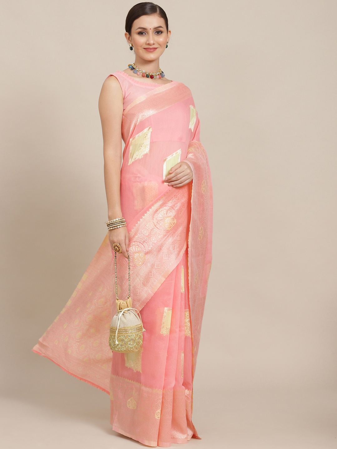 

Saree mall Pink Floral Zari Silk Blend Banarasi Sarees