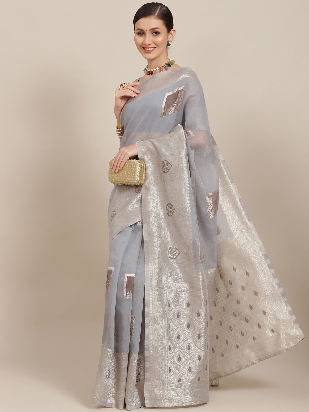 

Saree mall Grey Floral Zari Silk Blend Banarasi Sarees